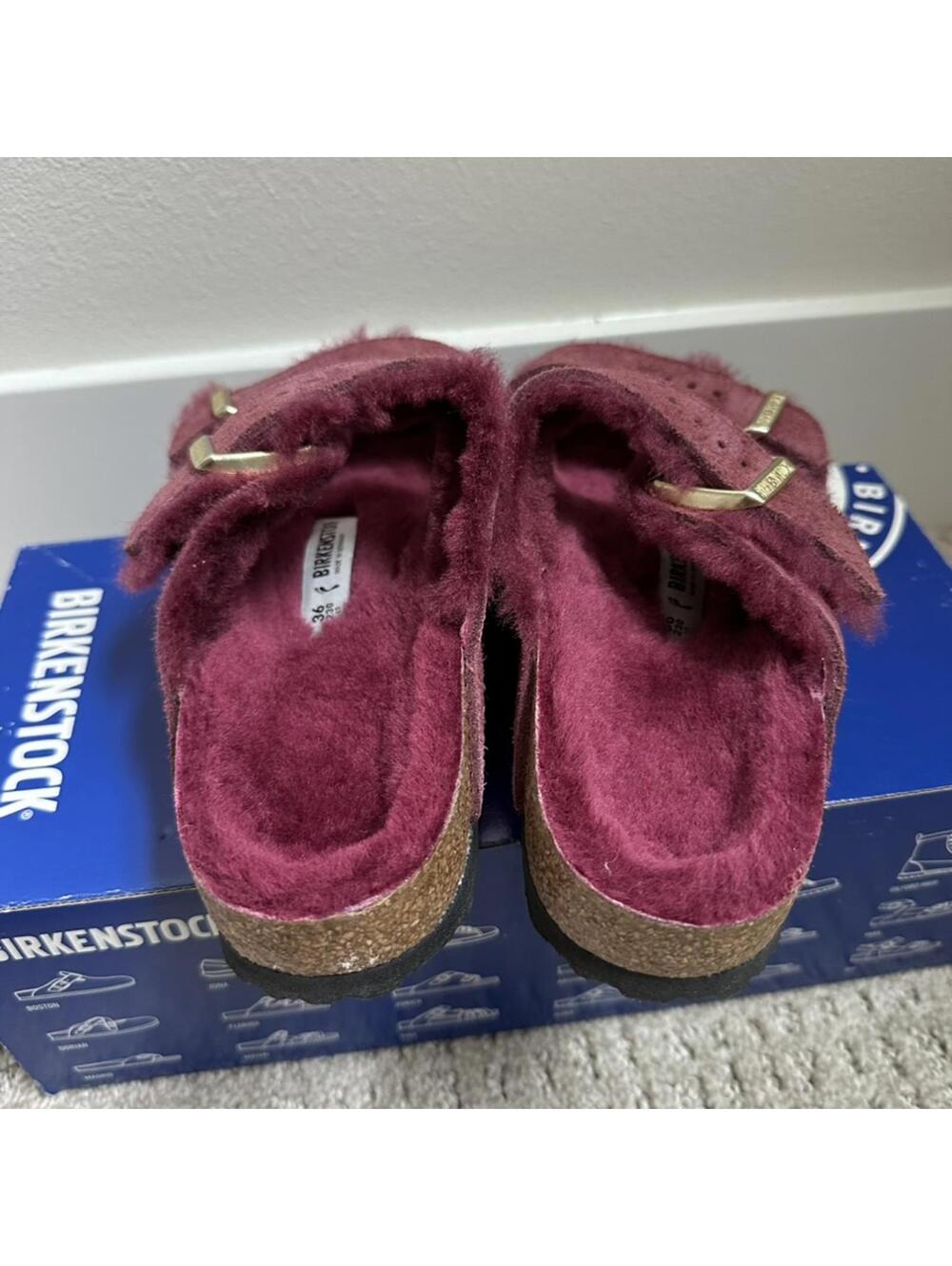 Birkenstock Arizona Shearling Suede Slide Sandal Maroon Red NIB Size 5-5.5/36EU - Picture 6 of 6